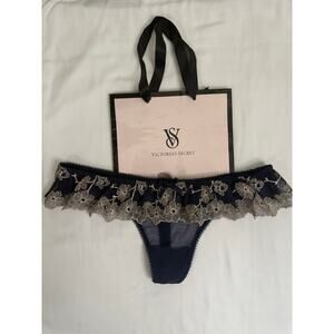 NWT Victoria’s Secret Black Sheer & Lace Thong Panty Navy & Gold Size M 2012